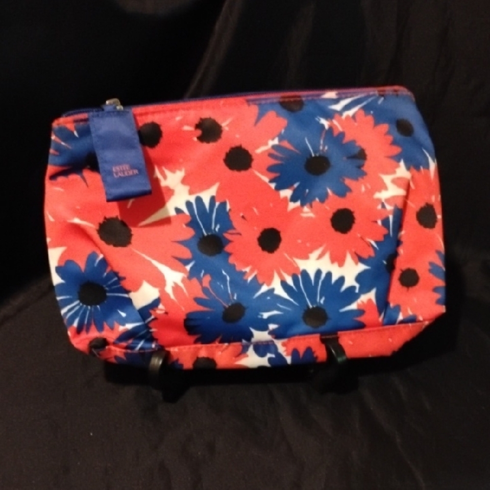 Estee Lauder Red and Blue Cosmetic Bag Vibrant Floral Design